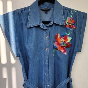 Denim Dress with Floral Embroidery
